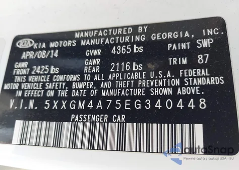 2014 Kia Optima Lx из США, поврежденный, VIN 5XXGM4A75EG340448